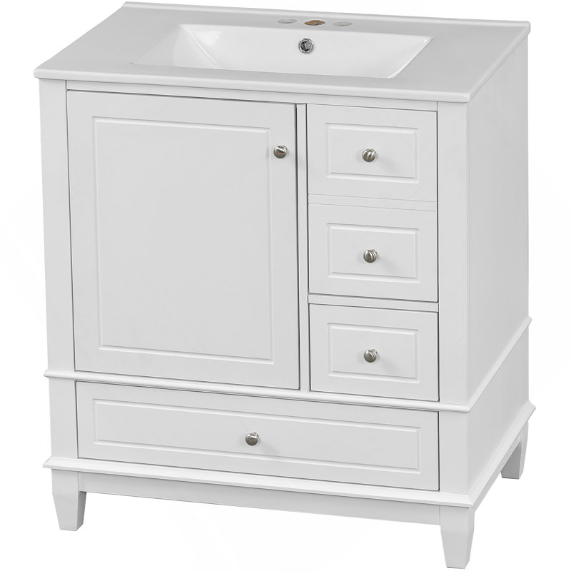 Meuble-lavabo 30 po avec lavabo, une porte avec tablette et trois tiroirs, porte à fermeture douce, blanc, Blanc