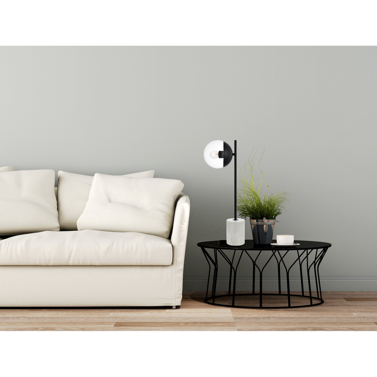 Yearby Marble and Metal Table Lamp with Glass Globe Shade , Black, Clear