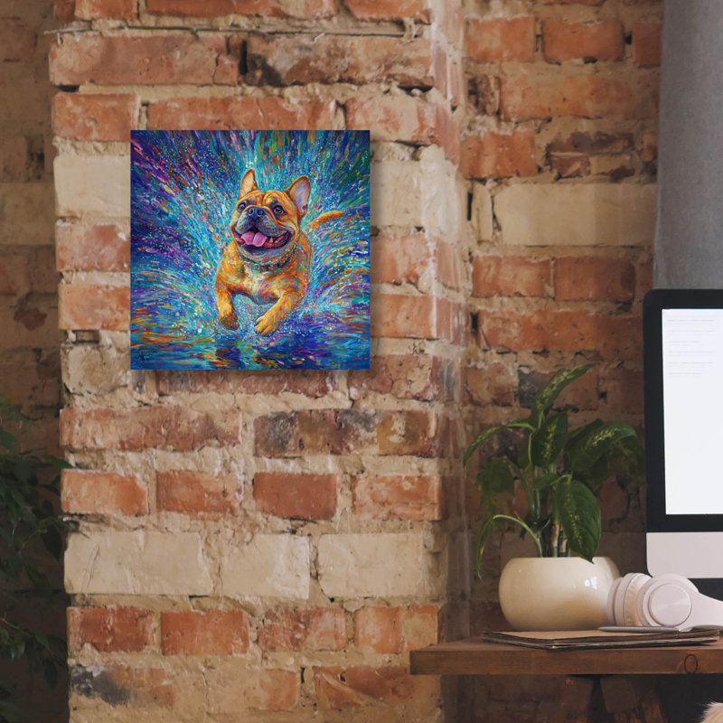 «Buldog In The Rain Puddles» par Rich Monet, art mural sur toile, H 12 po x l 12 po x P 0,75 po
