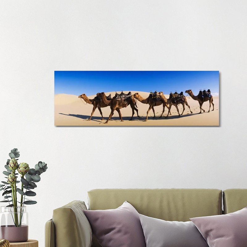 Camels Walking In The Desert - Wrapped Canvas Panoramic Print, 121.92 cm H x 40.64 cm W x 1.91 cm D
