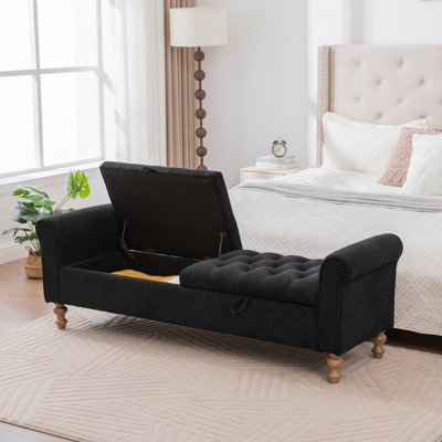Banc de rangement rembourré moderne de 65,75 po de largeur avec double couvercle, tabouret de pieds en tissu avec accoudoirs roulés, banc de jour avec pieds en bois d'hévéa pour le salon, le vestibule, le dortoir, la chambre à coucher