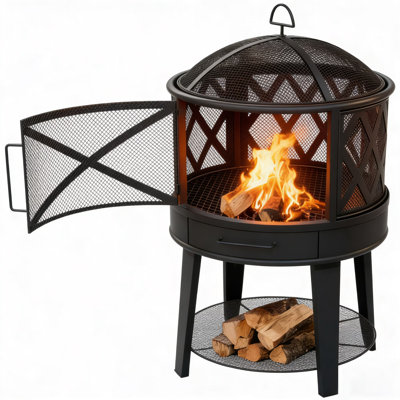 Foyer extérieur à bois avec tisonnier et couvercle, foyer avec grille de cuisson et rangement, noir