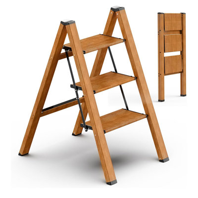 3 Step Ladder, Folding Step Stool With Anti-Slip Wide Sturdy Pedal And Handgrip, Multi-Use For Home And Kitchen Use, Space Saving-Woodgrain(300 Lbs Capacity)
