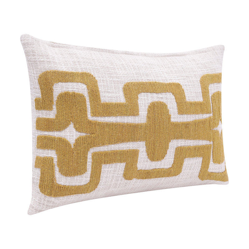 Ochre and Ivory Geometric Embroidered Rectangular Cotton Blend Pillow