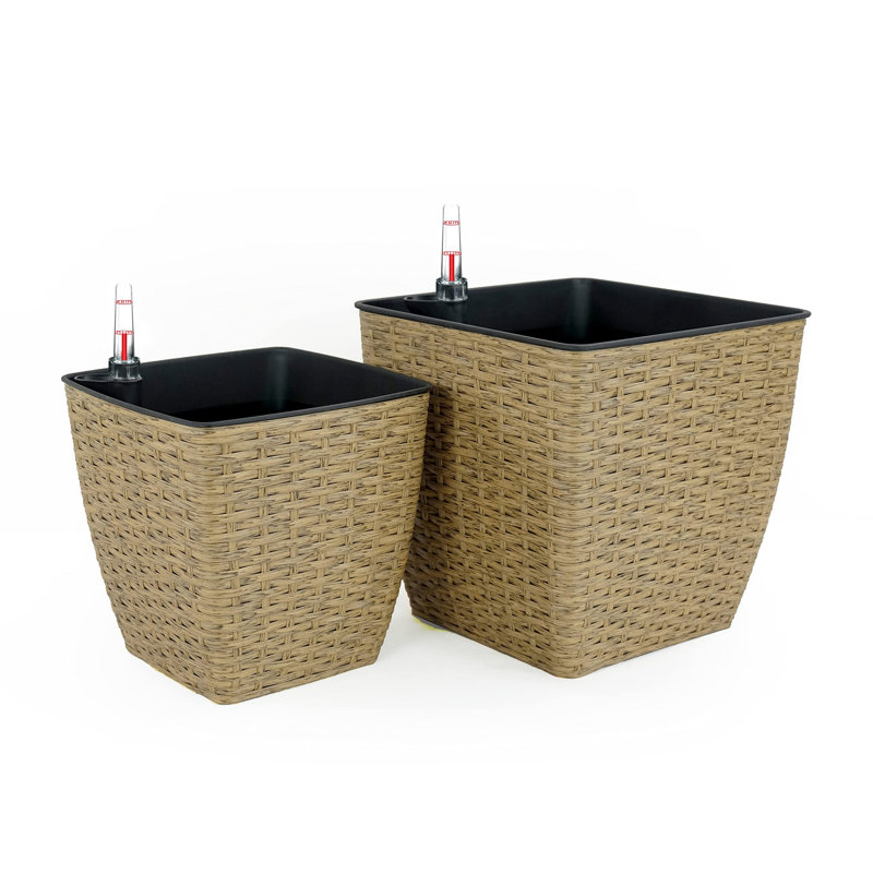 Derince 2-Pack Self-watering Planter - Hand Woven Wicker - Thin Square, Brown, 12.6" H x 12.6" W x 12.6" D
