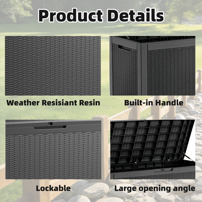 Boîte de rangement en résine de grain de rotin 100 gallons, bac de rangement extérieur verrouillable avec vérin à gaz pour coussins de patio, outils de jardin et accessoires de piscine