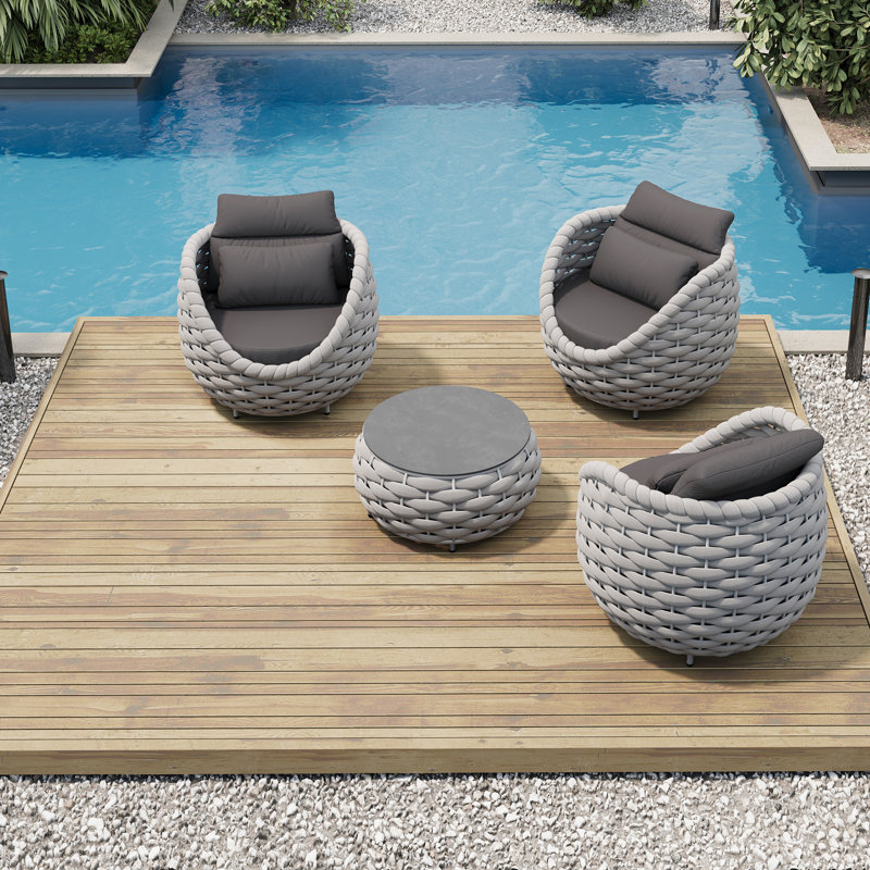 Ensemble de chaises de patio pour 3 personnes avec table basse, 4 Pcs: Table, 3 Chairs, Dark Grey, Light Grey Textilene Rope