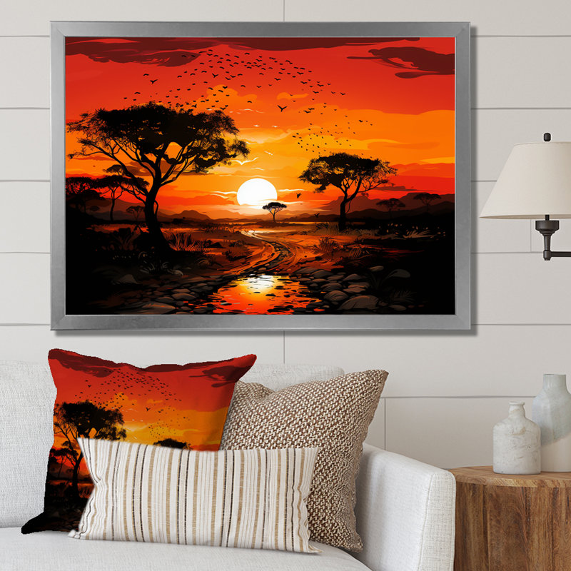 Arbre africain, safari au coucher du soleil - art mural Baobab, Cadre de coin argenté fermé, H 24 po x l 32 po x P 1 po