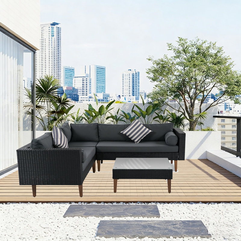 4-pieces Outdoor Wicker Sofa Set, Patio Furniture with Colorful Pillows, L-shape sofa set, Gray cushions and Black Rattan