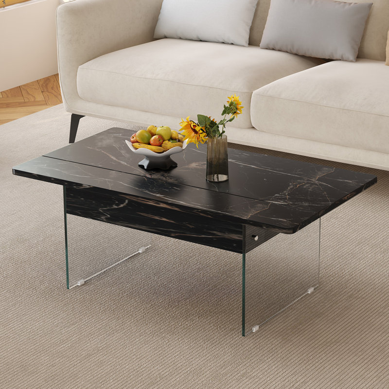 Table basse moderne à plateau relevable en faux marbre avec compartiment caché, Noir