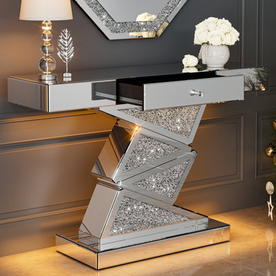 47.2'' Mirrored Console Table with LED Light, Silver Mirrored Entryway Table with Storage Drawer, Modern Accent Sofa Table for Living Room, Hallway and Entrance