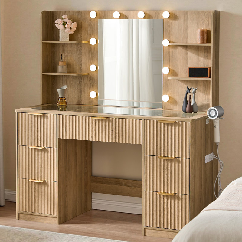 120cm W x 136cm H Modern Dressing Table with 7 Drawers, 3-Colour LED Mirror & Built-In Power, Beige