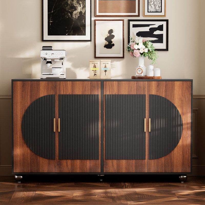 58'' Buffet Table Sideboard Cabinet, Mid-Century Modern Fluted Credenza with Storage Shelves for Dining Room, Living Room, Small Spaces