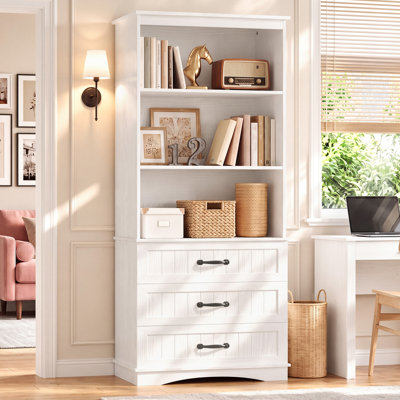 Bibliothèque de 178 cm avec 3 tiroirs - Étagère blanche à 3 niveaux avec rangement pour salon, bureau et chambre, 60 cm de largeur