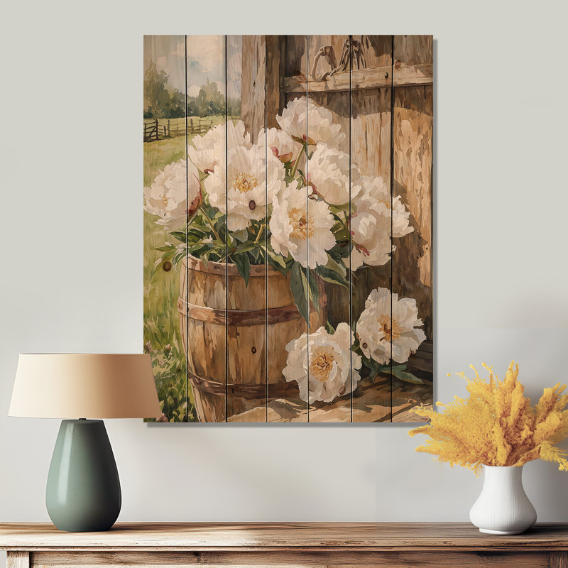 Fermes de pivoines de ferme dans la plaine de chèvre II - Décoration murale en bois de pivoines - sur bois de pin naturel