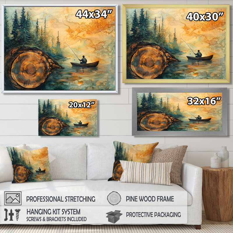 Gerrid pêche tranquillité rivière paysage II - bateau de pêche, art mural, Noir, noir, noir, noir, H 12 po x l 20 po