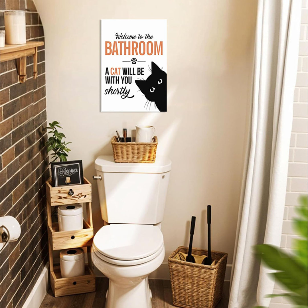 Funny Cat Bathroom Wall Art,Welcome To The Bathroom A Cat Will Be With You Shortly Paintings Posters,Black And White Funny Canvas Pictures Prints,Cute