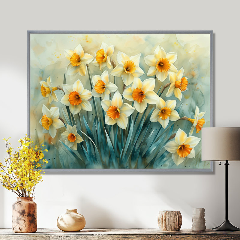 Décoration murale Tiago - Jonquilles, Encadrement argenté, H 12 po x l 20 po