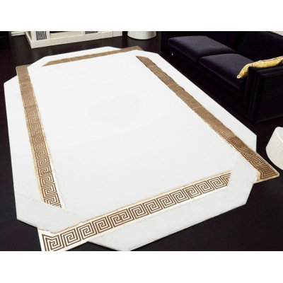 White Faux Fur Area Rug, Custom Size Greek Border Plush Carpet, Soft Elegant Rug For Living Room Or Bedroom, Irregular Shaped Rug_5X7.5Ft