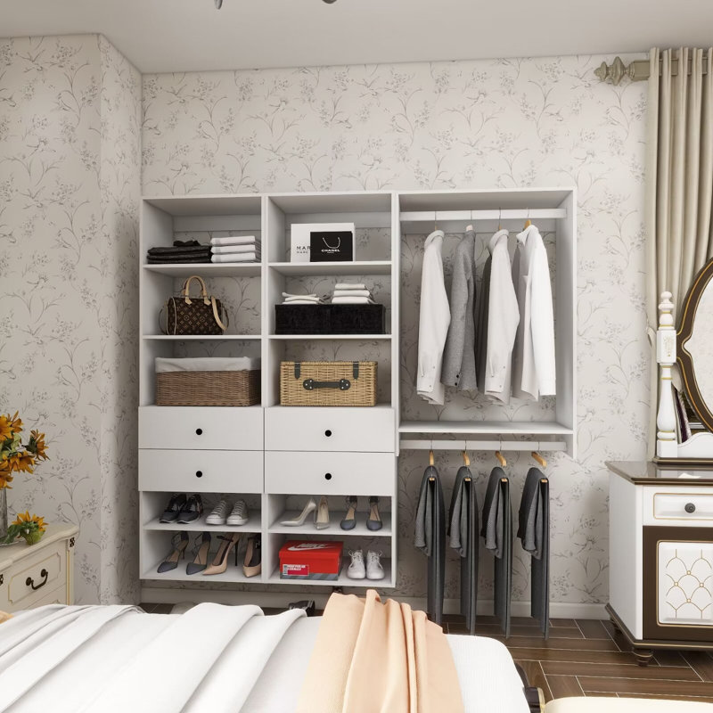 White Modular Walk in Closet Organizer System with 2 rods 10 shelves and 4 drawers