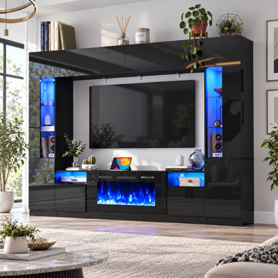 107" Fireplace Wall Unit Entertainment Center With Bookshelves, Modern TV Stand With Storage Shelves & Bridge Cabinet & LED Lights, Media Console For Living Room Home Theater