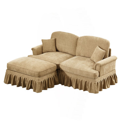 Elegant Mid Century Large Two Seater Modular L Shaped Sofa Couch With Flared Arms And Removable Ruffles Pleats Skirts And Spindle Legs, Comfy Chenille Loveseat Sofa With Movable Ottoman,Light Coffee