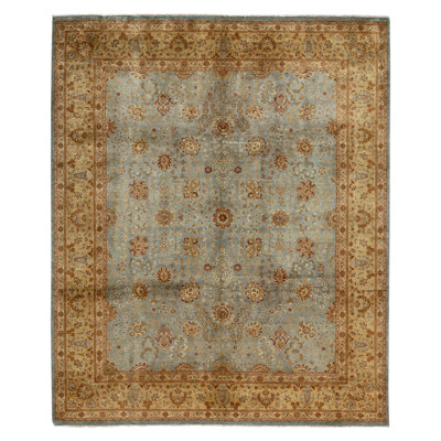 Hand Knotted Wool Area Rug in Light Blue And Gold