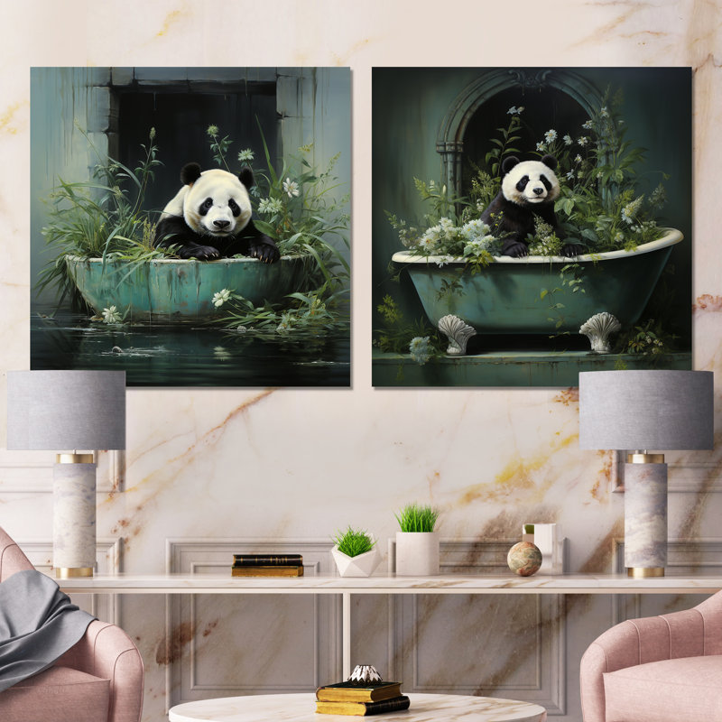 «Green Tranquil Panda Bath I», ensemble de 2 décorations murales pour salle de bain, Toile tendue, H 16 po x l 33 po x P 1 po