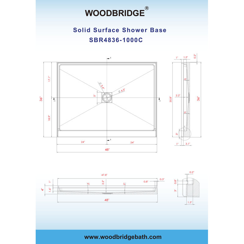 48" W x 36" Solid Surface Single Threshold Shower Pan Base with Drain Assembly & Drain Cover Included, Non-Slip, Center