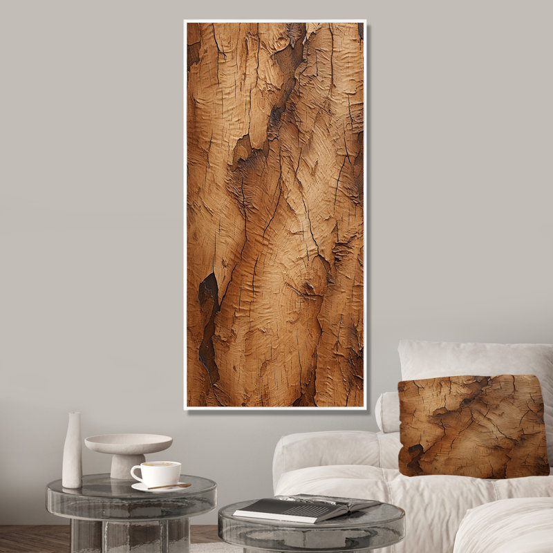 «Brown Tree Bark Essence 5», art mural arbre, Cadre flottant blanc, 60" H x 28" W