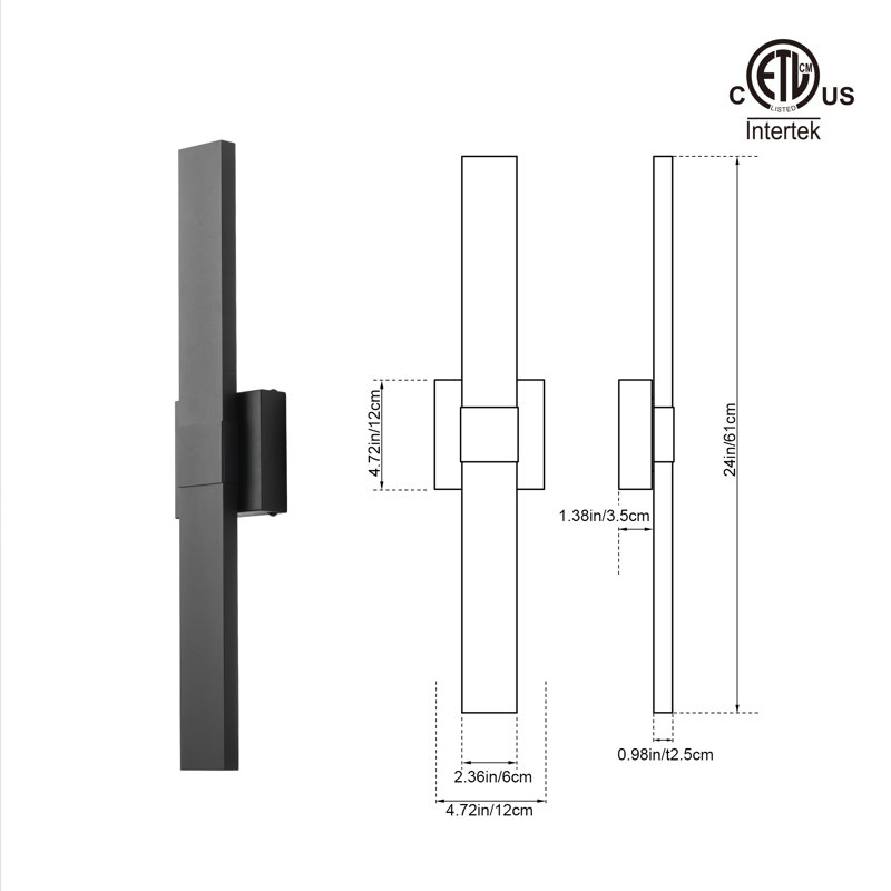 Applique murale d'extérieur 24 po en aluminium noir moderne à intensité variable intégrée de 21 W à DEL, homologué ETL