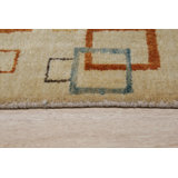 Ivory Hand-Knotted Wool Floating Open Squares Geometric Modern Contemporary Carpet Rug
