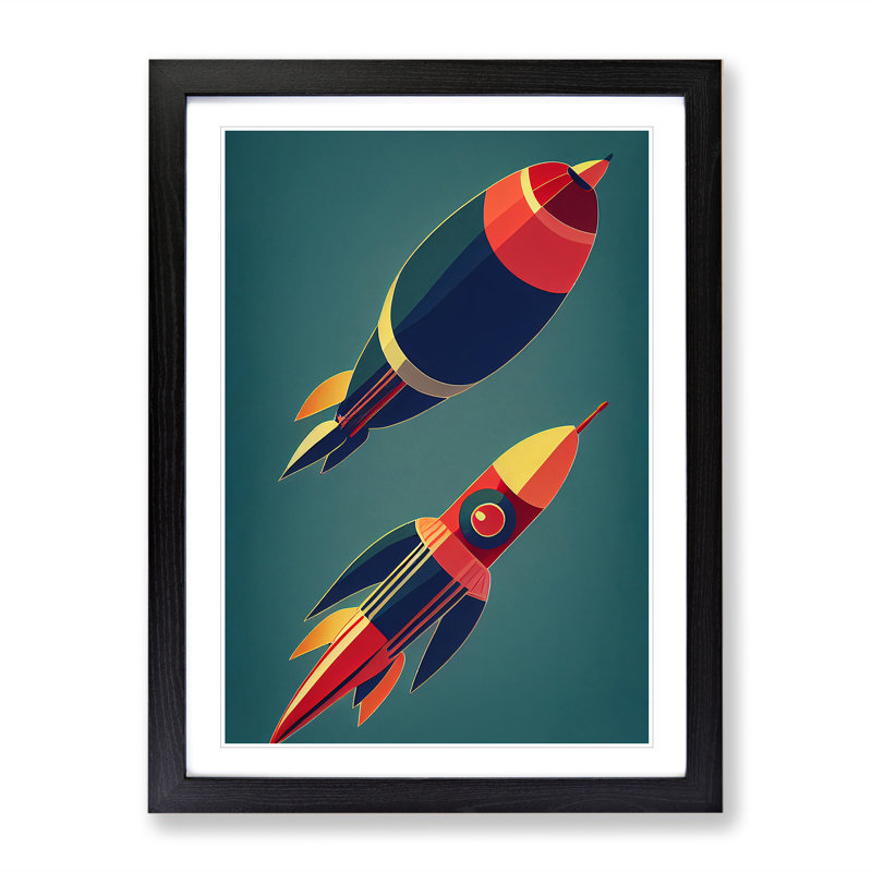 Retro Spaceship Rockets - Framed Print, Black Framed, 34cm H x 25cm W x 2cm D