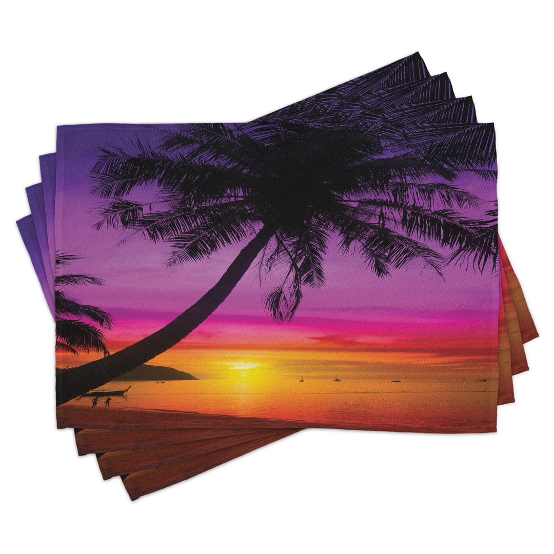 Platzdeckchen 4er Set, Palmenschatten bei Sonnenuntergang, Lila Orange Schwarz