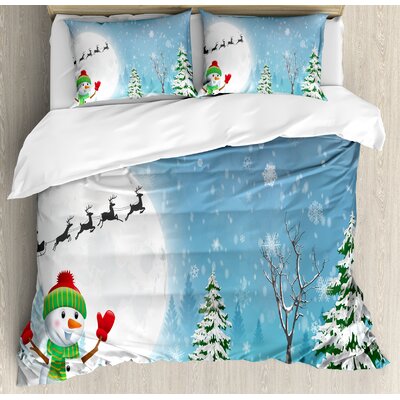 Christmas Jolly Snowman Under Full Moon Waving to Santa Reindeer Sleigh Kids Duvet Cover Set -  Ambesonne, nev_20080_king