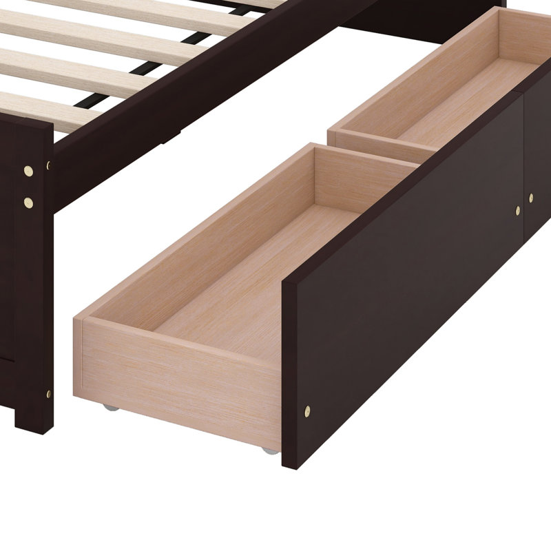 Lit en bois d'hévéa massif avec deux tiroirs intégrés, Espresso