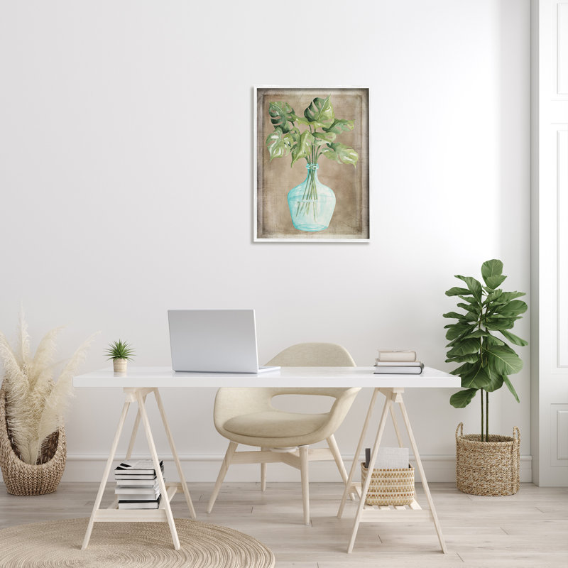 Vase en verre Monstera, Giclée encadrée blanc bord de mer, H 30 po x l 24 po x P 1,5 po