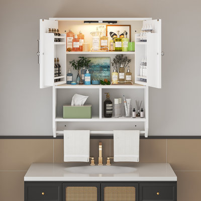 Armoire de salle de bain murale avec capteur de mouvement, armoire de rangement murale au-dessus de la toilette, armoire à pharmacie blanche avec tablettes réglables