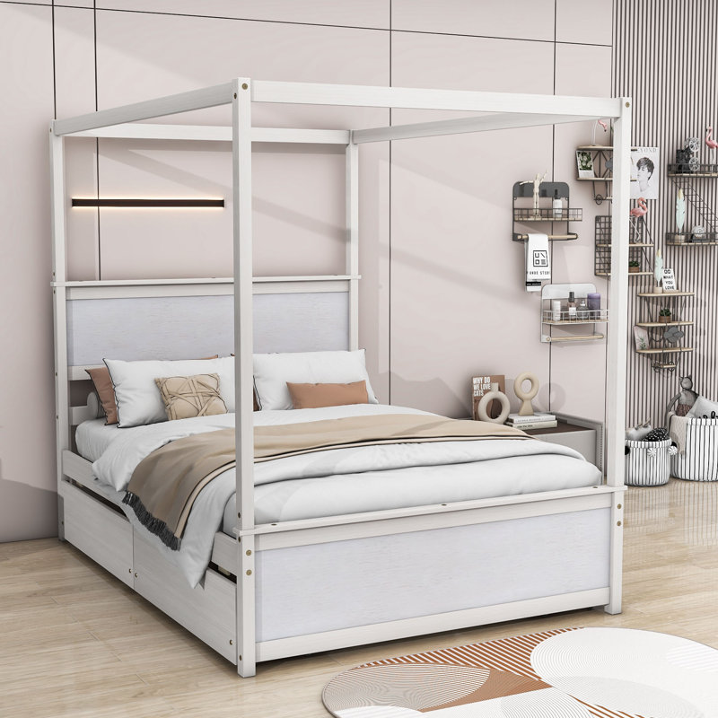 Lit plateforme avec rangement Arinya, Blanc, Quatre tiroirs