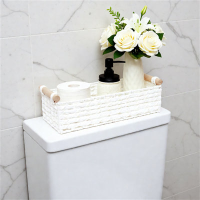 White Small Wicker Storage Basket Set With Handle, Bathroom Countertop Organizer For Toilet Paper