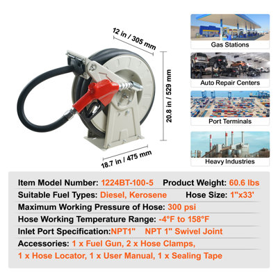 Enrouleur de tuyau à carburant, 25 mm x 10 m, 20,7 bar, enrouleur de tuyau diesel rétractable extra long, construction robuste en acier au carbone avec pistolet de remplissage automatique, tuyau en caoutchouc NBR pour avions, navires, véhicules, camions-citernes