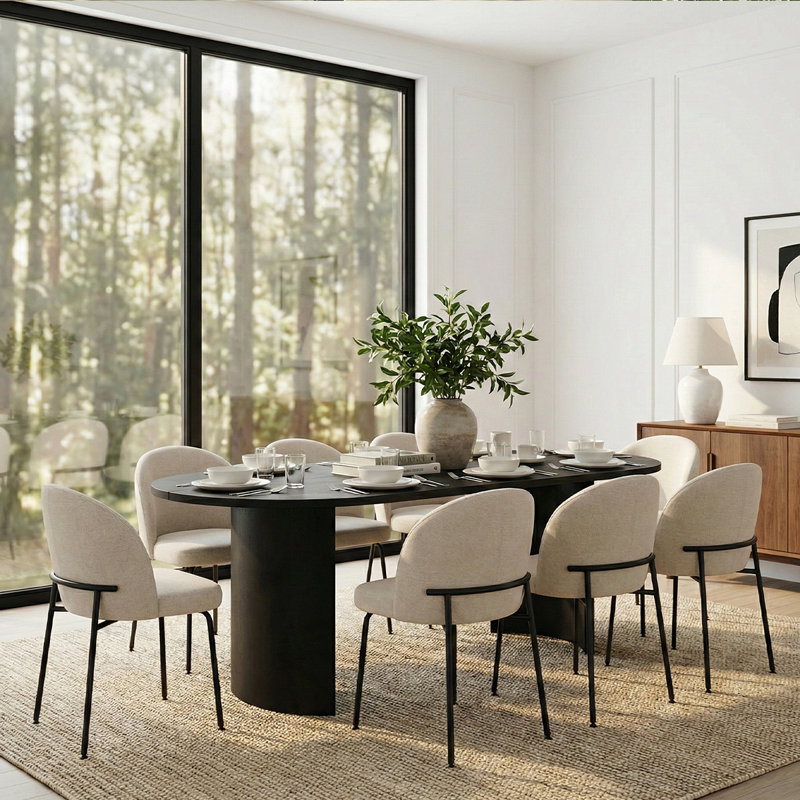 9 - Piece Modern Dining Set With 79" Oval Pedestal Table & 8 Upholstered Curved-Back Chairs, Beige