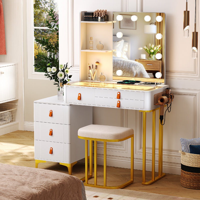 Makeup Vanity with 3 Lighting Colors, Gold/White
