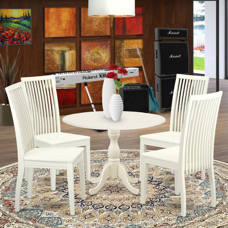 Ensemble de mobilier de salle à manger 5 pièces comprenant une table de cuisine ronde avec Dropleaf et 4 chaises de salle à manger, 42 po x 42 po, lin blanc