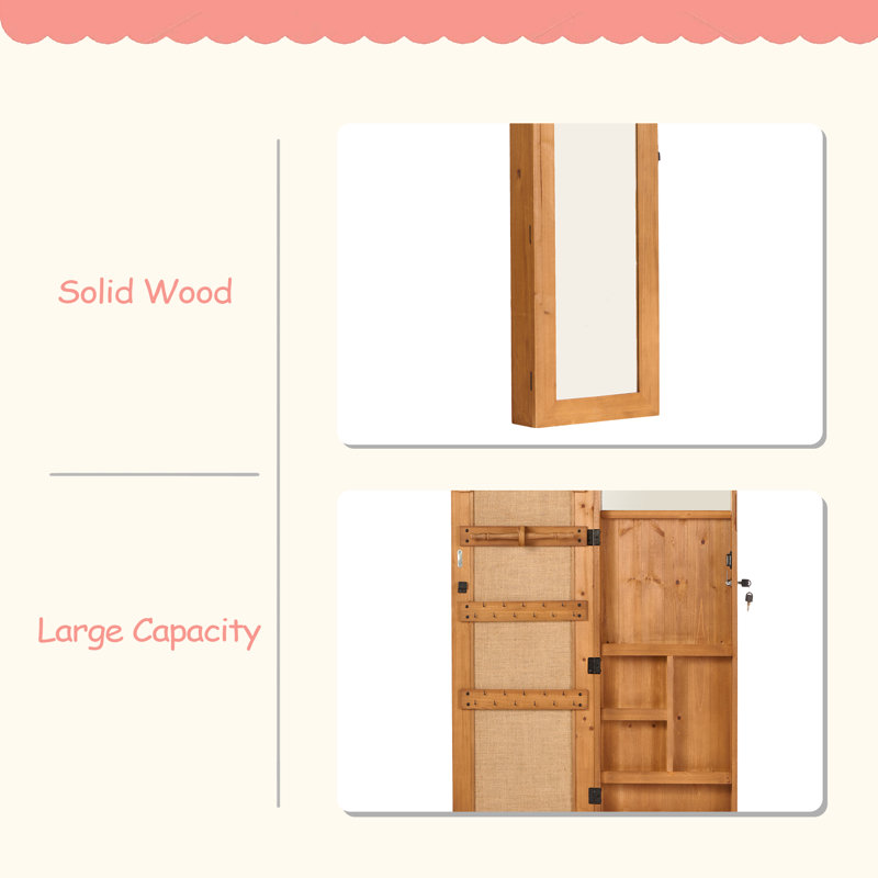 Armoire pour armoire à bijoux en bois massif avec miroir pleine grandeur, verrouillable au mur 47,5 x 14,3 po avec lumière DEL