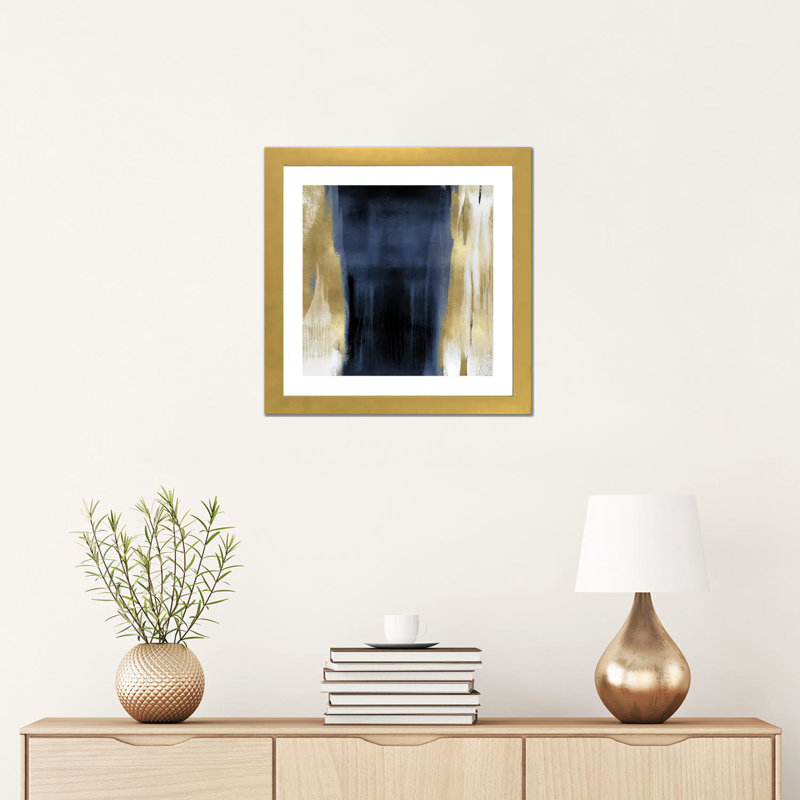 «Free Fall Blue with Gold II» par Christine Wright - reproduction imprimée, Papier encadré doré, H 16 po x l 16 po x p 1 po