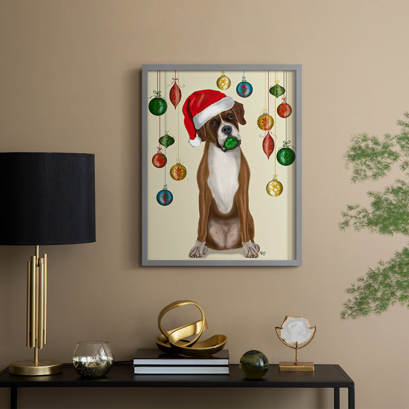 «Christmas Boxer and Bauble Ball», reproduction encadrée - bois massif, H 11 po x l 9 po, Gris