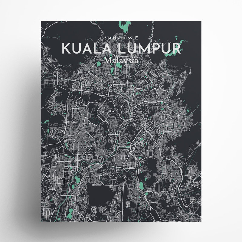 «Kuala Lumpur City Map», impression de luxe, H 20 po x l 16 po, Vert / gris