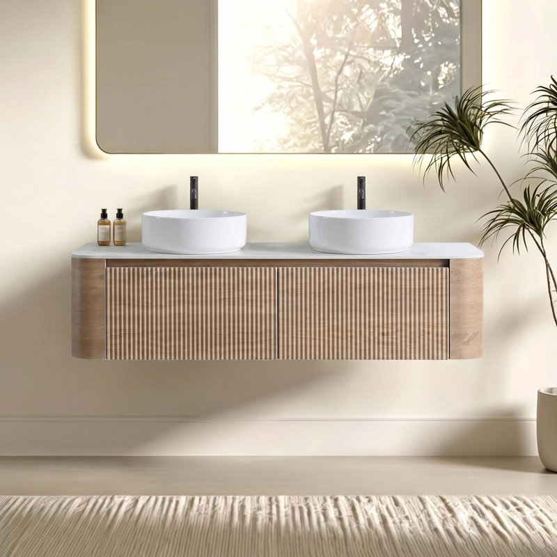 Meuble-lavabo double à conception cannelée incurvée, 59" W, Chêne miel