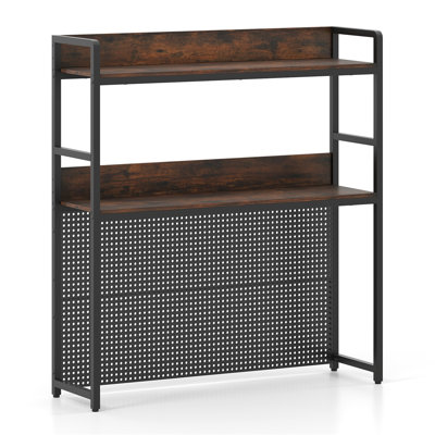 Étagère de bureau à 2 niveaux avec panneau perforé, support robuste pour écrans de 32 pouces, pieds réglables et trousse anti-basculement, brun rustique